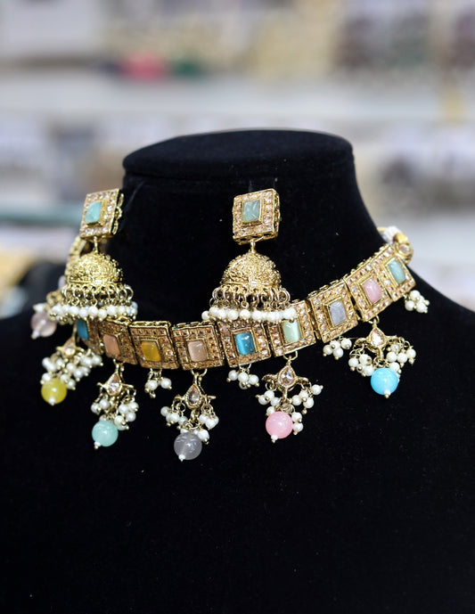 Gold plated multi color bead choker set