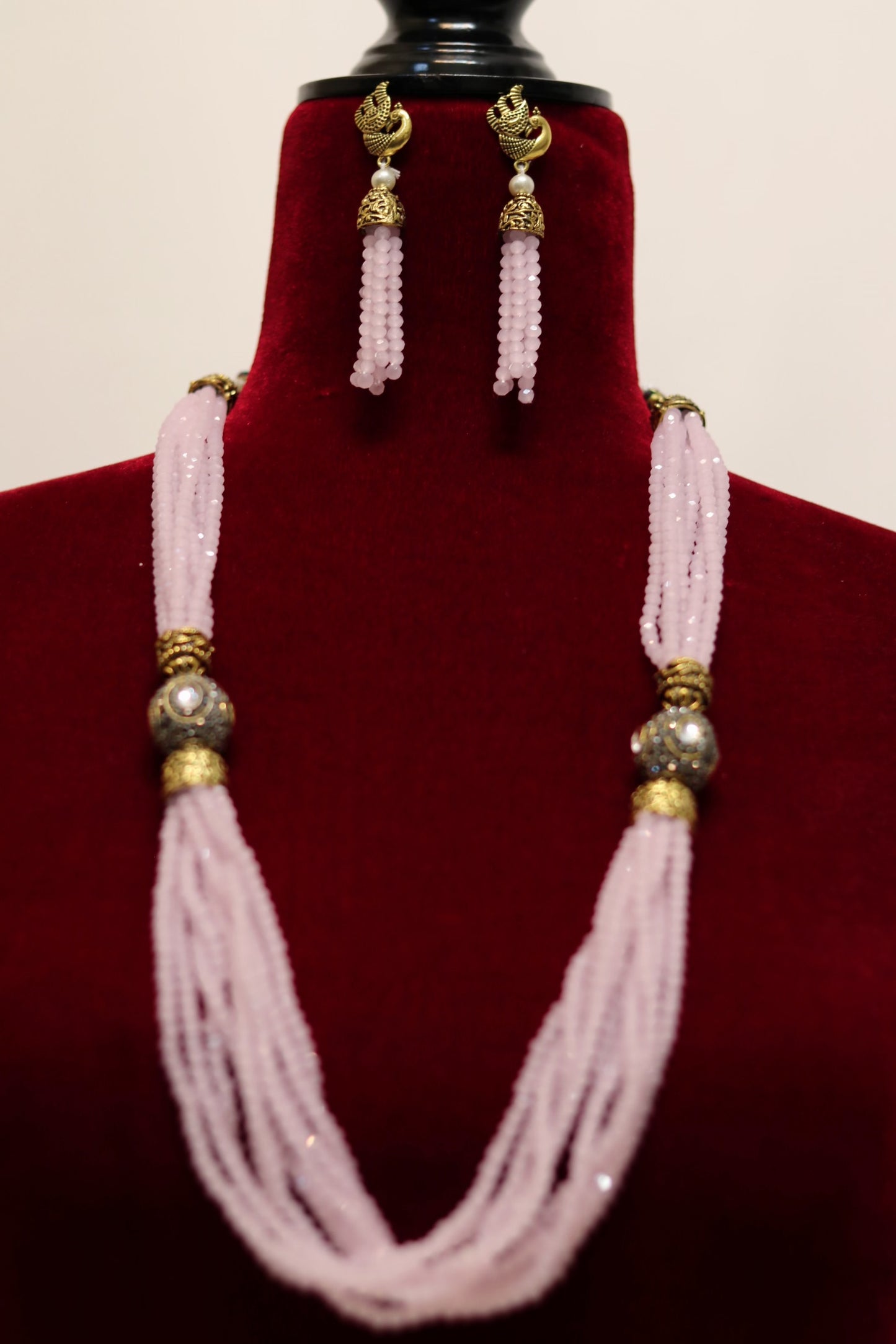Light pink beaded long necklace set