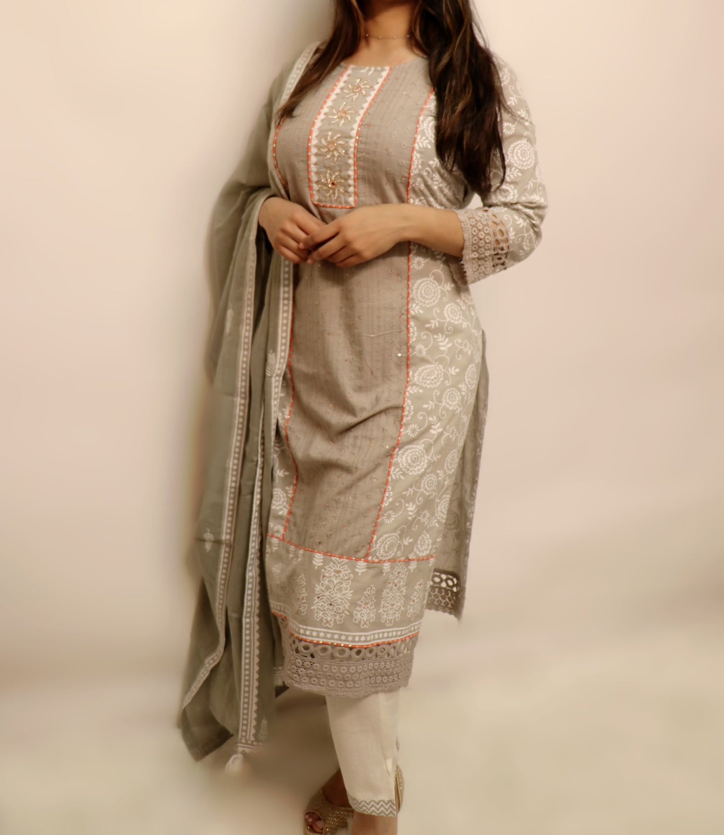 Grey cotton lace work outwear three piece