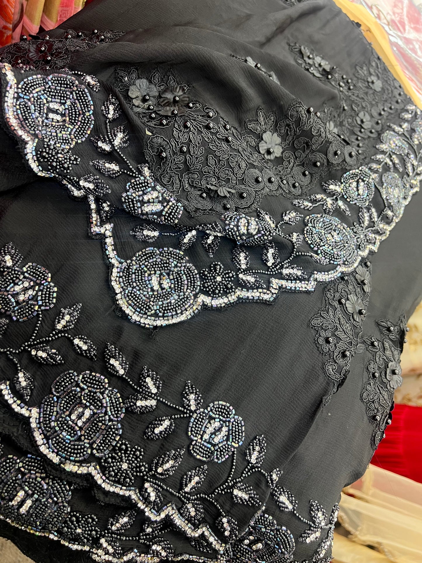 Black silk floral boutique crystal work saree
