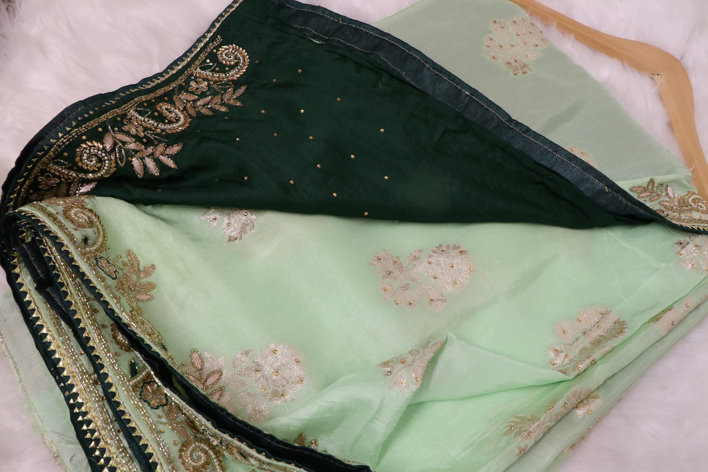 Khaddi katan lime green with stone work saree