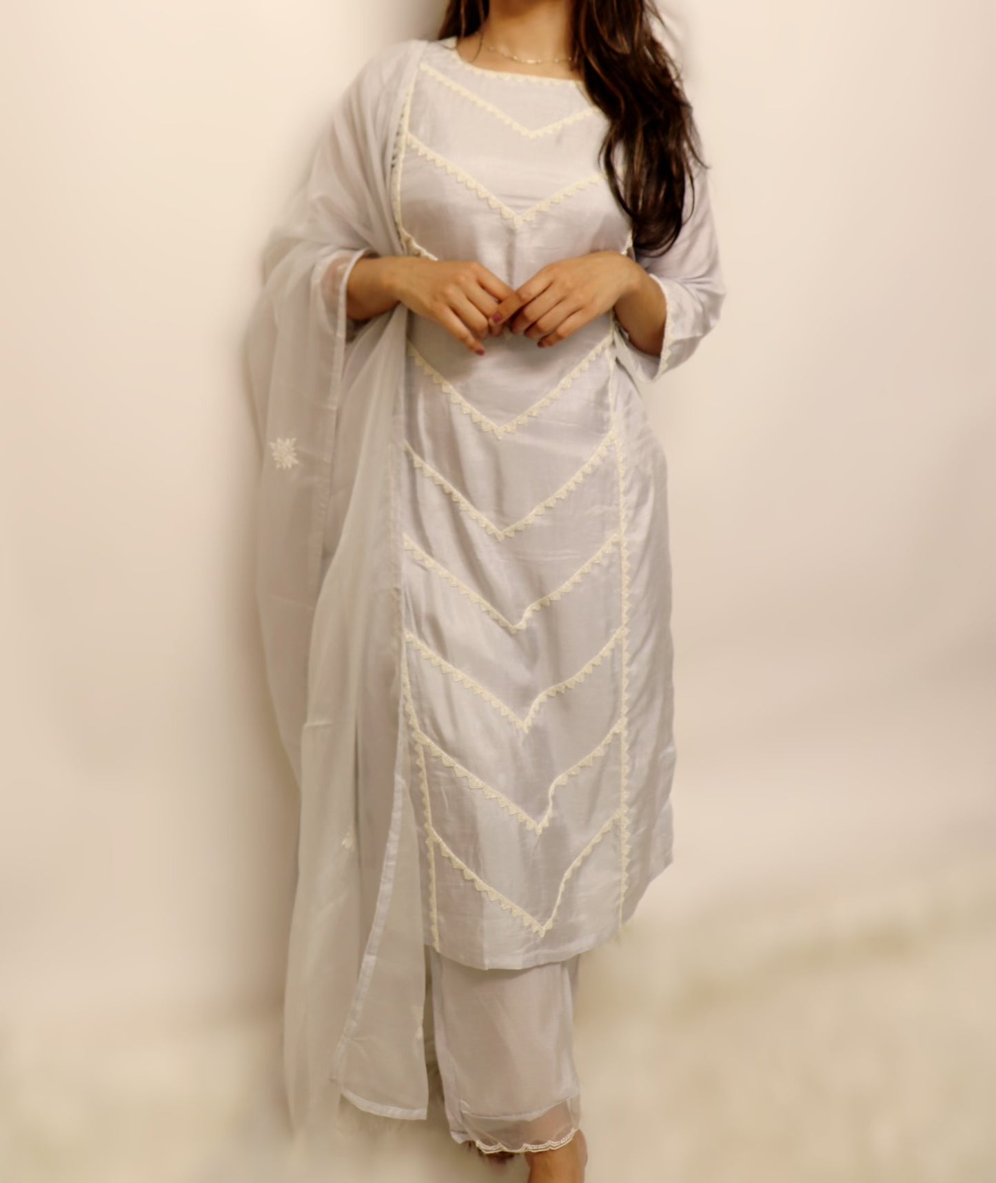 Silk light silver grey organza suit