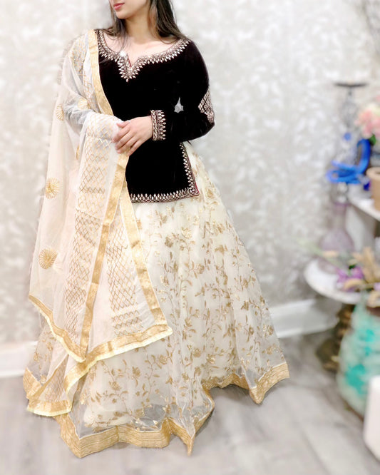 Maroon velvet long top lehenga choli