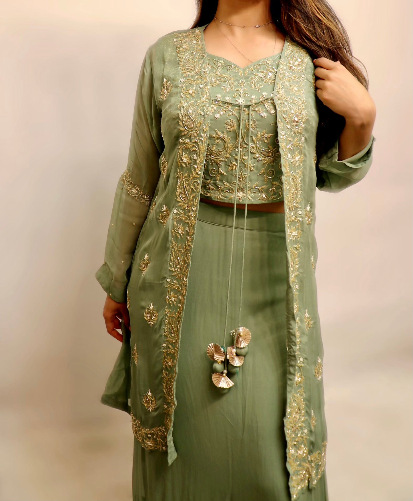 Olive green coat style designer lehenga