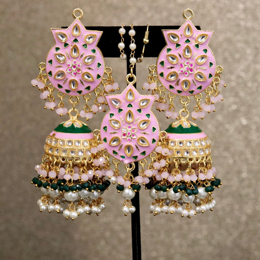 Pink green earring with headpiece set