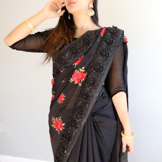 Black silk floral saree - Selina Habibti Attire