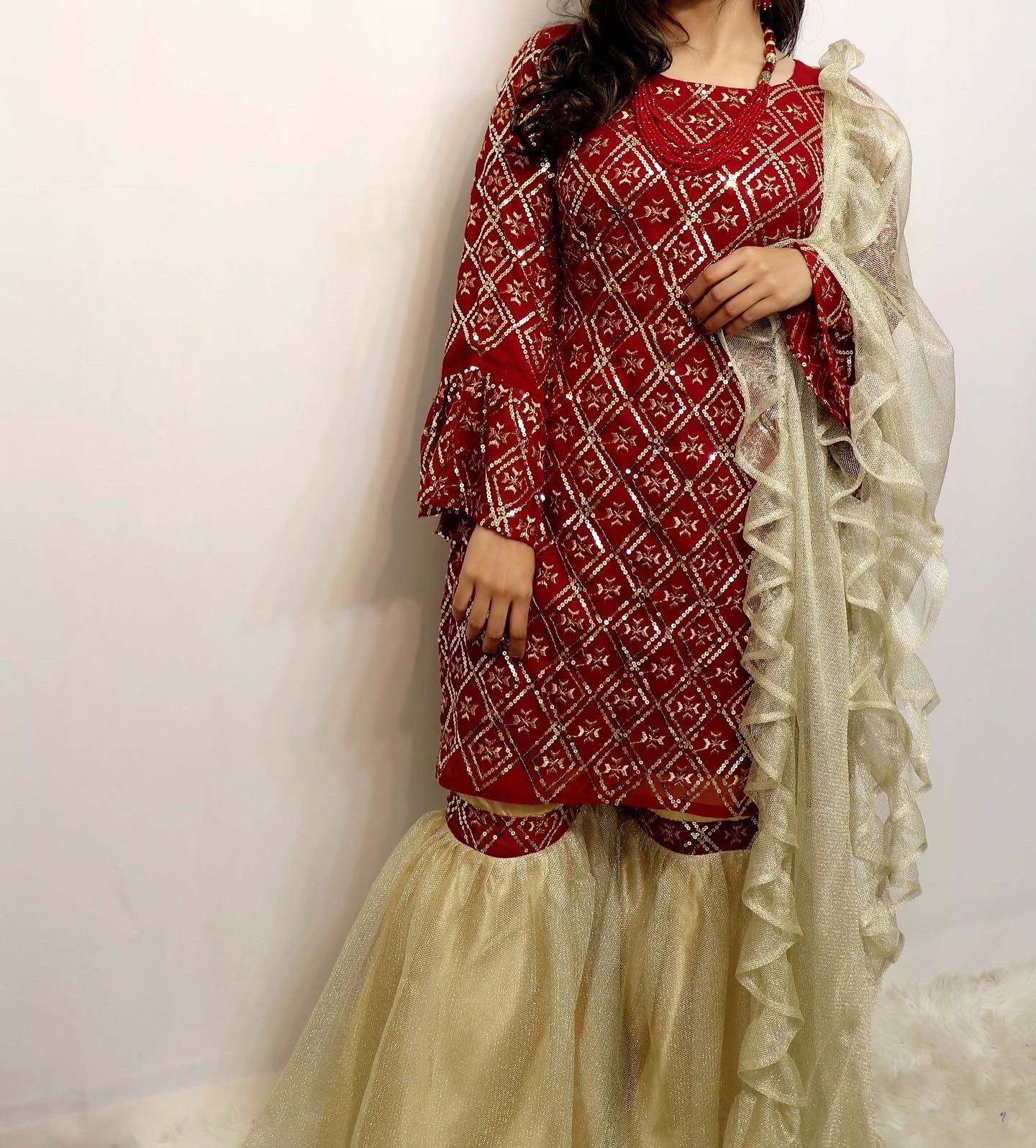 Red sequence georgette gharara suit