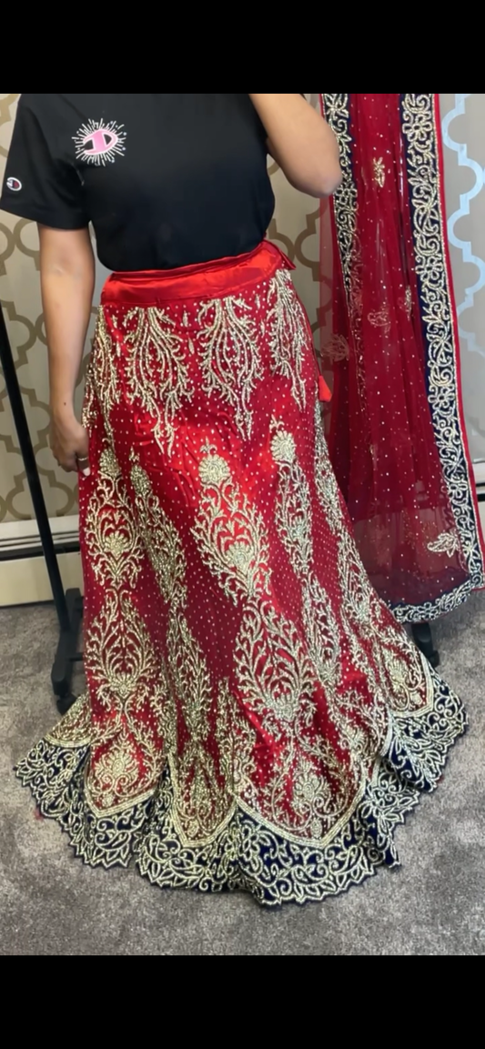 Heavy bridal stonework deep red & blue lehenga