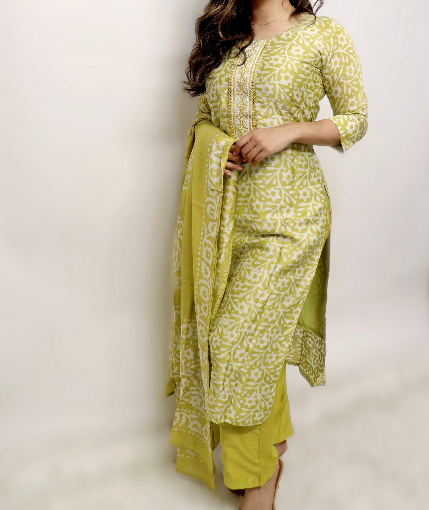 Yellow mustard muslin suit with batik duppata