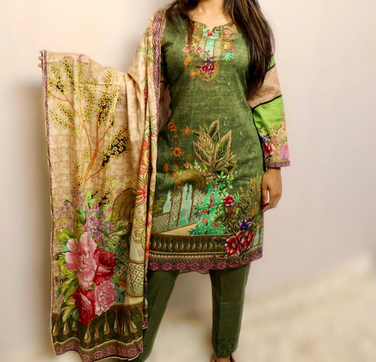 Olive green multi embroidered lawn suit