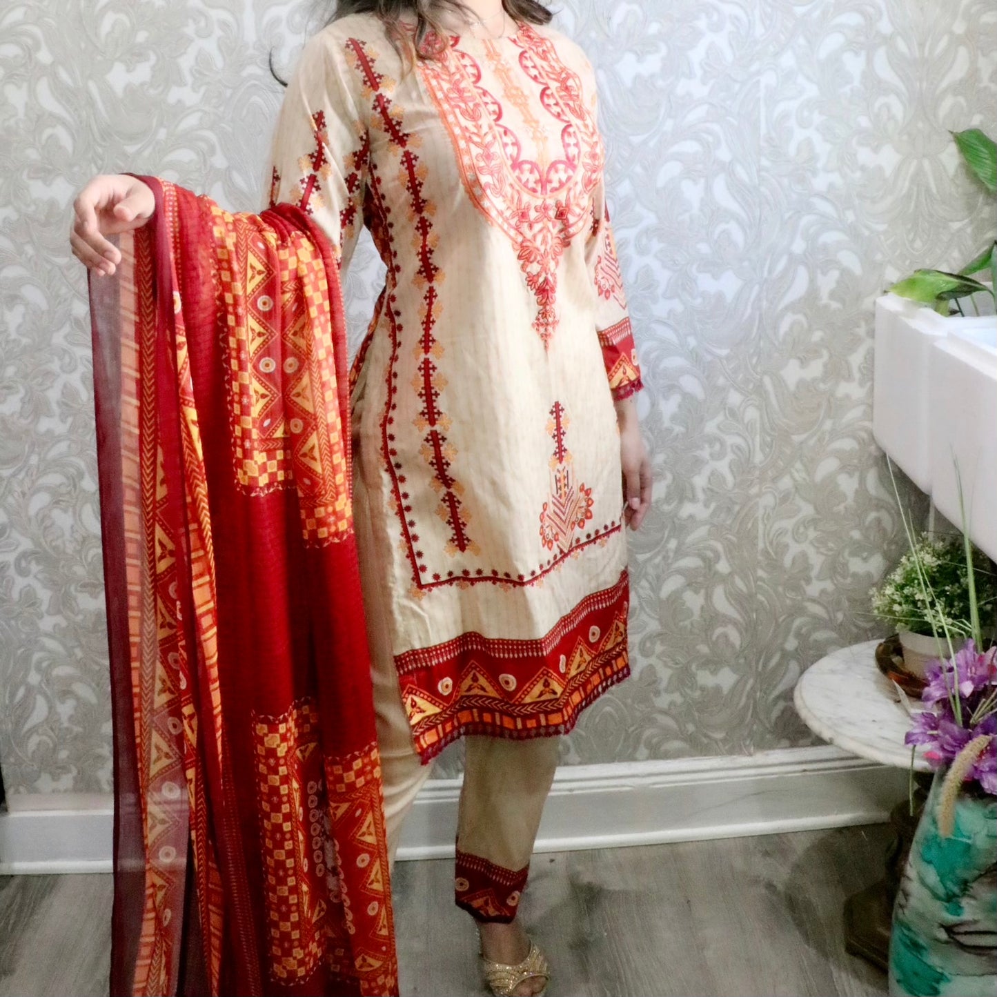 Cream and orange Lawn three piece suit - Selina Habibti Attire