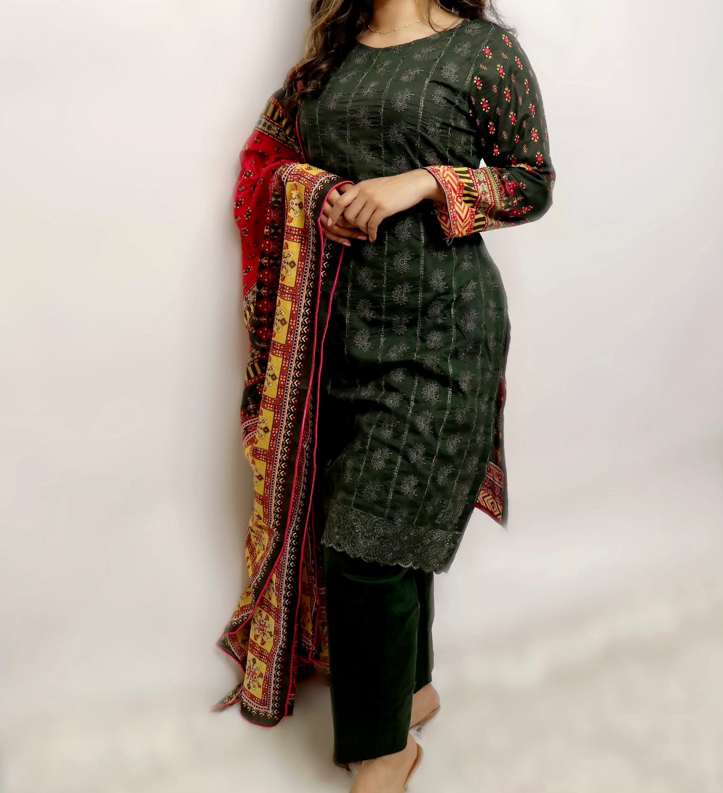 Olive green chikankari lawn suit