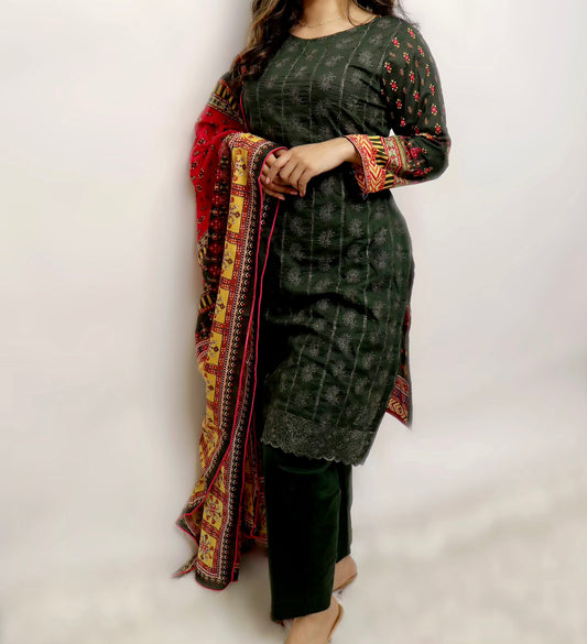 Olive green chikankari lawn suit