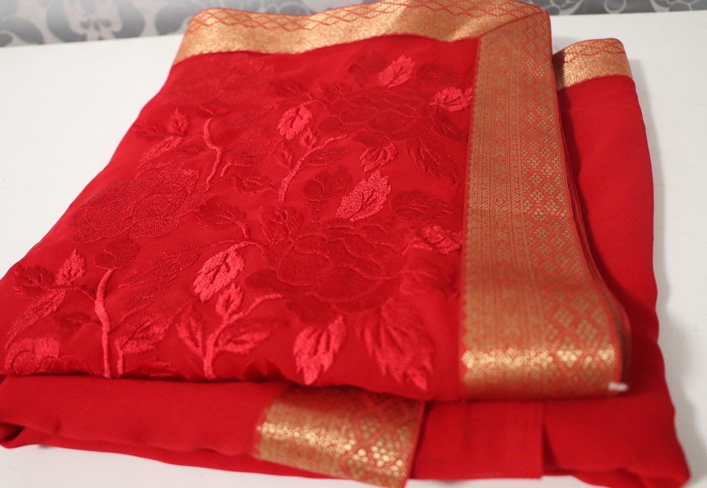 Red georgette south katan saree