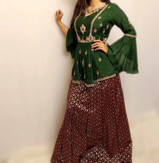 Emerald green party wear two piece