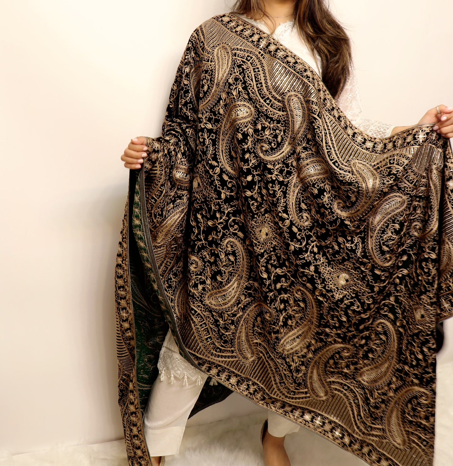 Deep emerald green heavy embroidered shawl