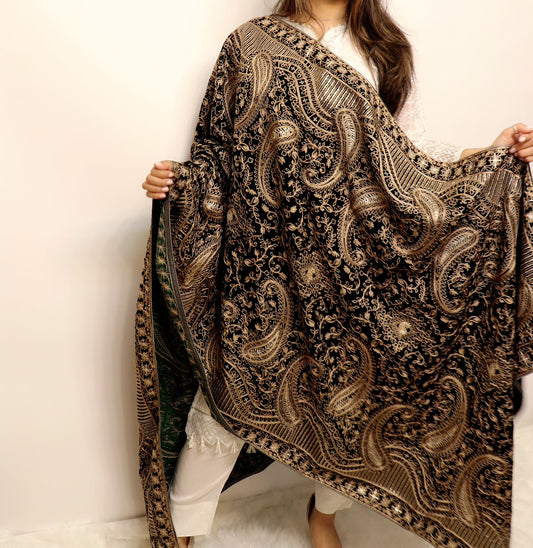 Deep emerald green heavy embroidered shawl