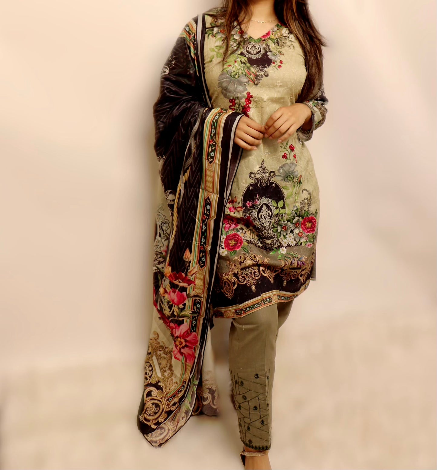 Olive green and black embroidered lawn suit