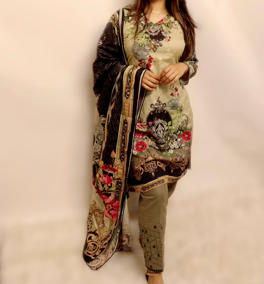 Olive green and black embroidered lawn suit