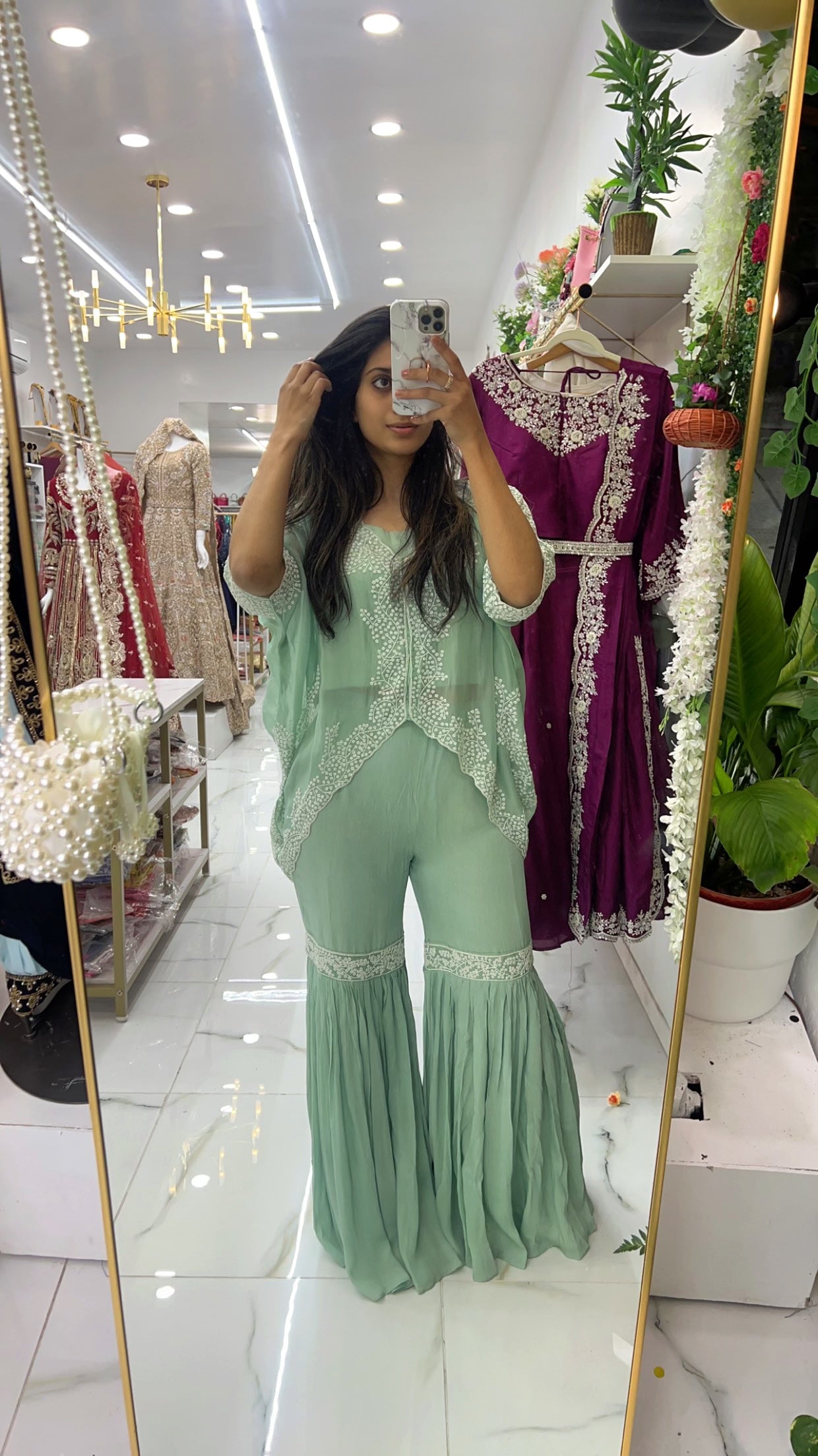 Mint organza cape gharara suit