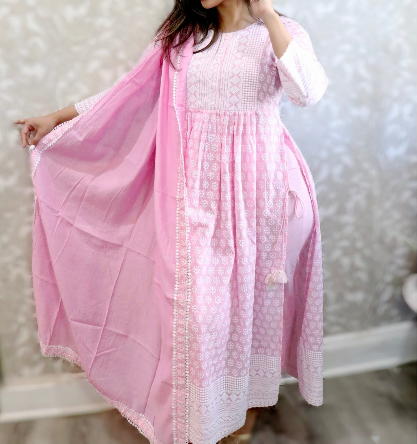 Heavy pink chikankari three piece set