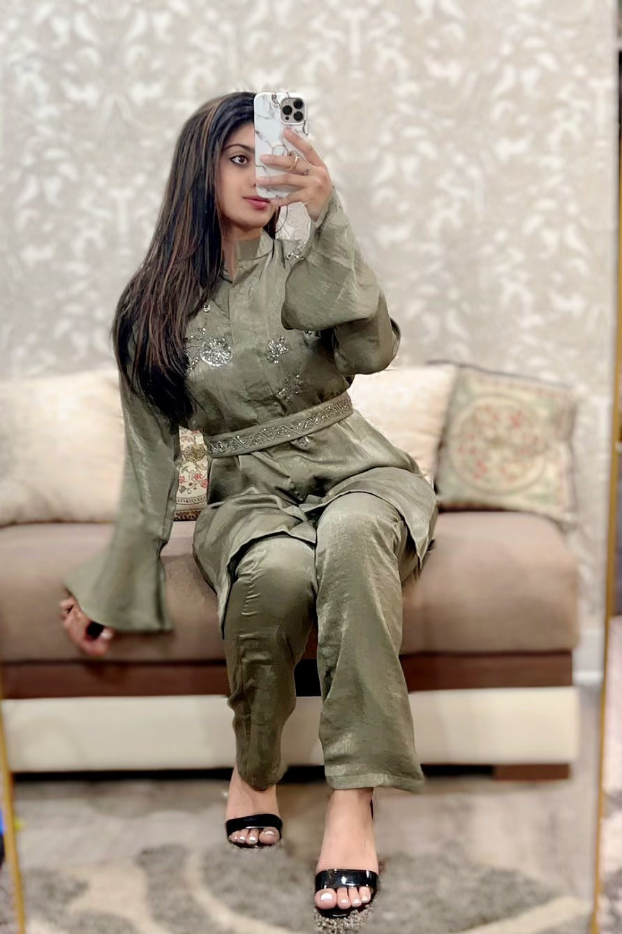 Crepe silk belted shirt pant set