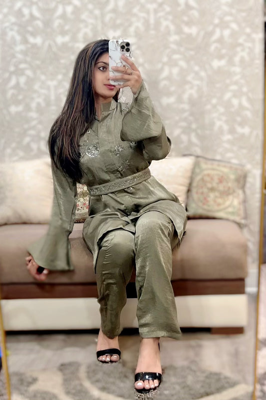 Crepe silk belted shirt pant set