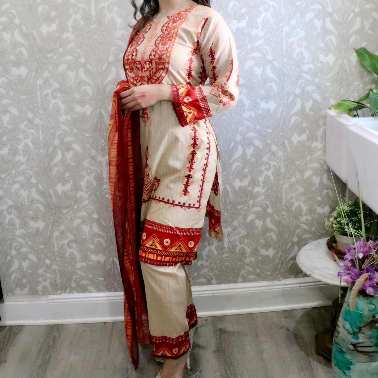 Cream and orange Lawn three piece suit - Selina Habibti Attire