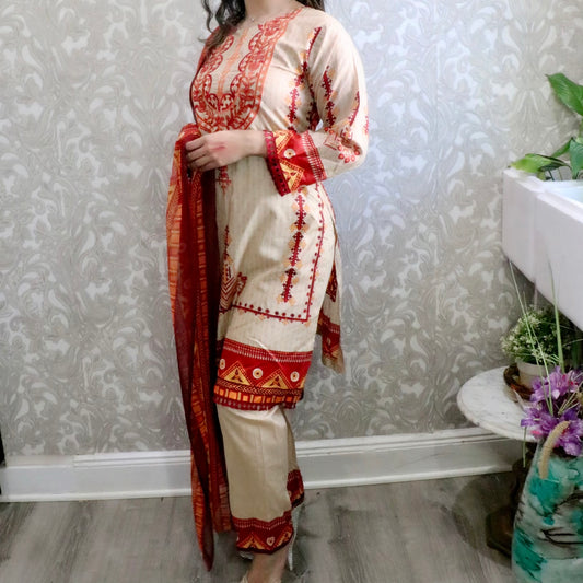 Cream and orange Lawn three piece suit - Selina Habibti Attire