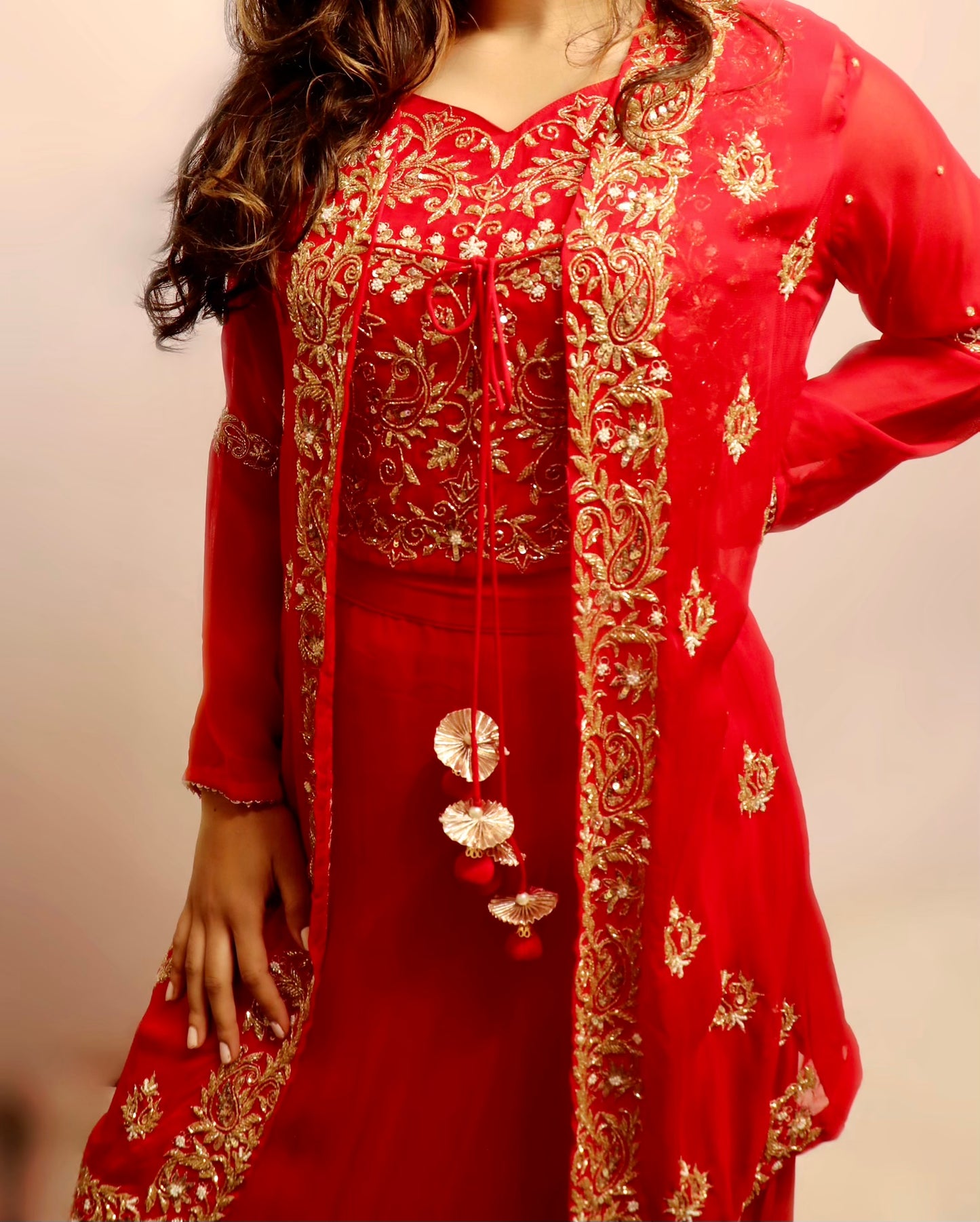 Red short duster style lehenga
