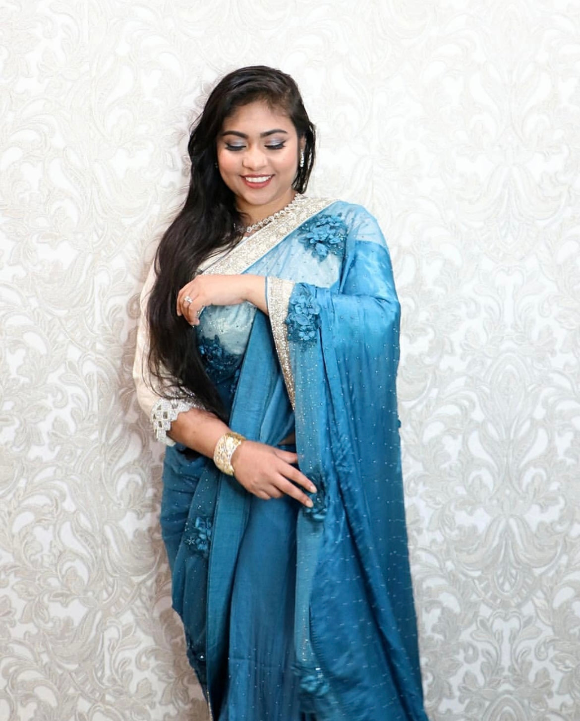 Blue tone grey silk net saree - Selina Habibti Attire