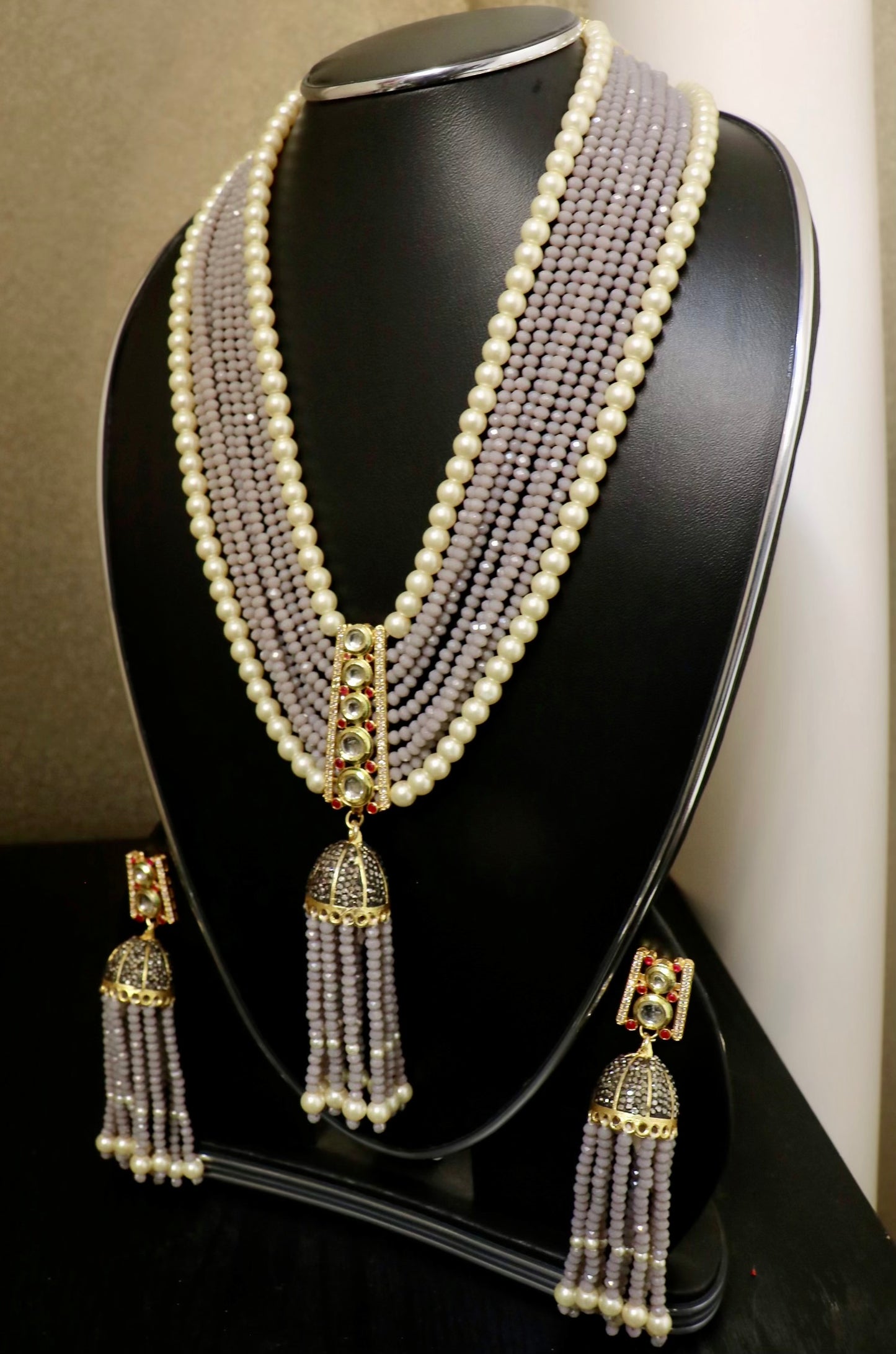 Grey lilac bead necklace set