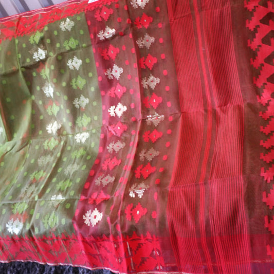 Traditional Dhaka Jamdani green and red combo