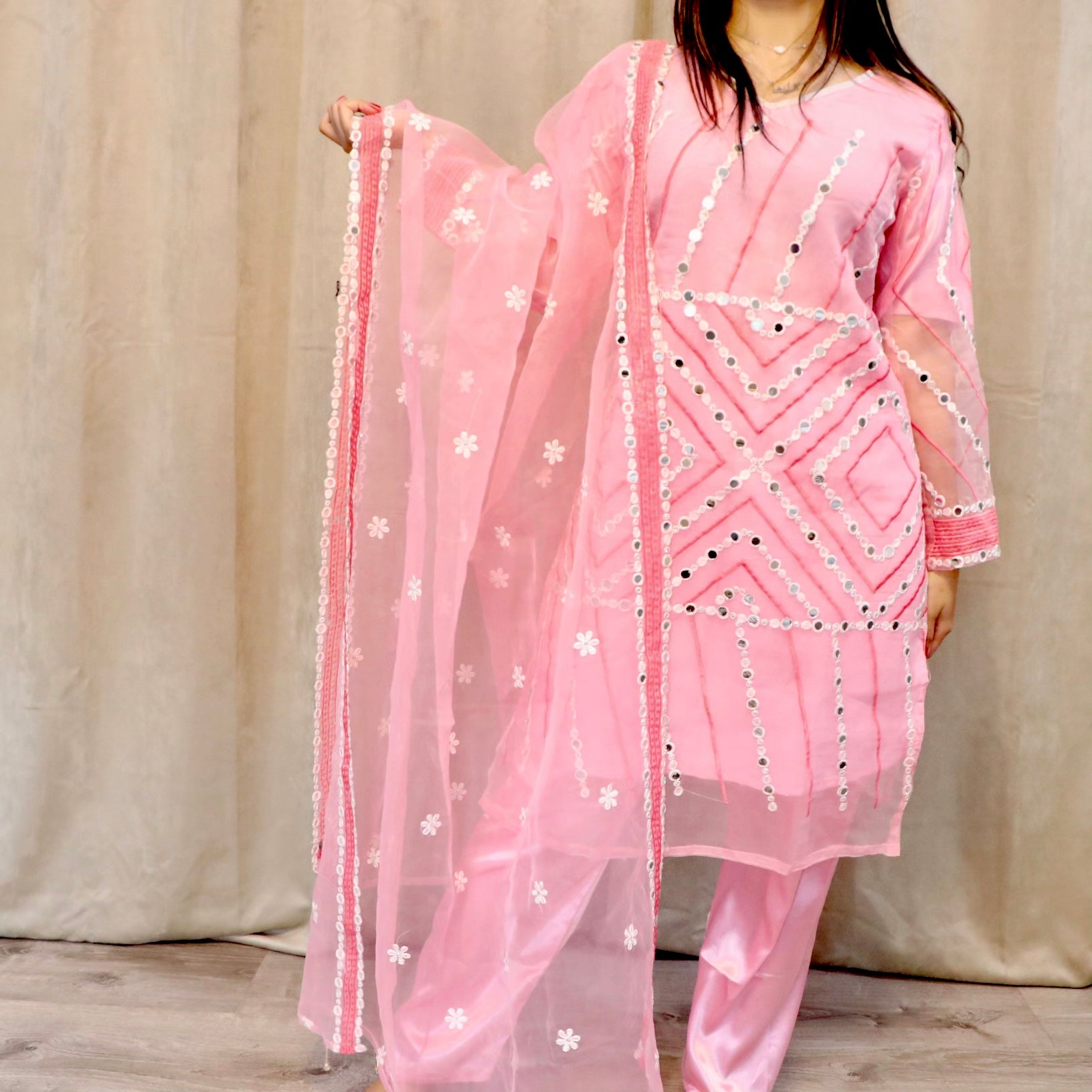 Pink mirror work three piece suit - Selina Habibti Attire