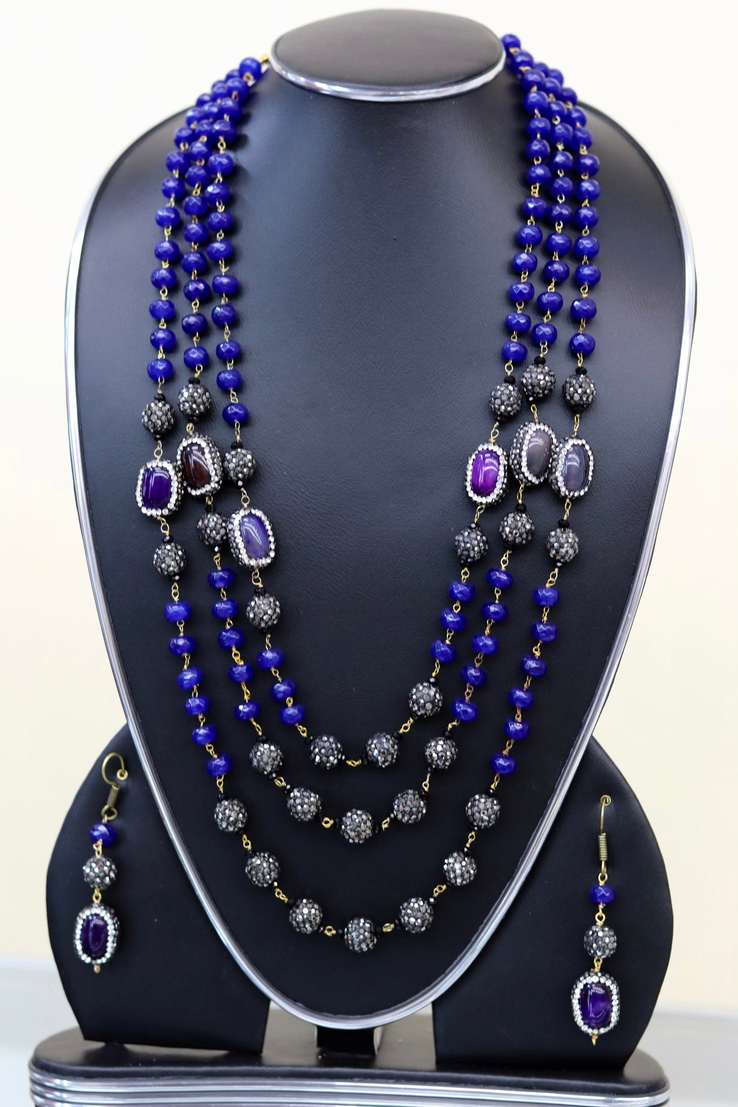 Royal blue beaded long layered necklace set
