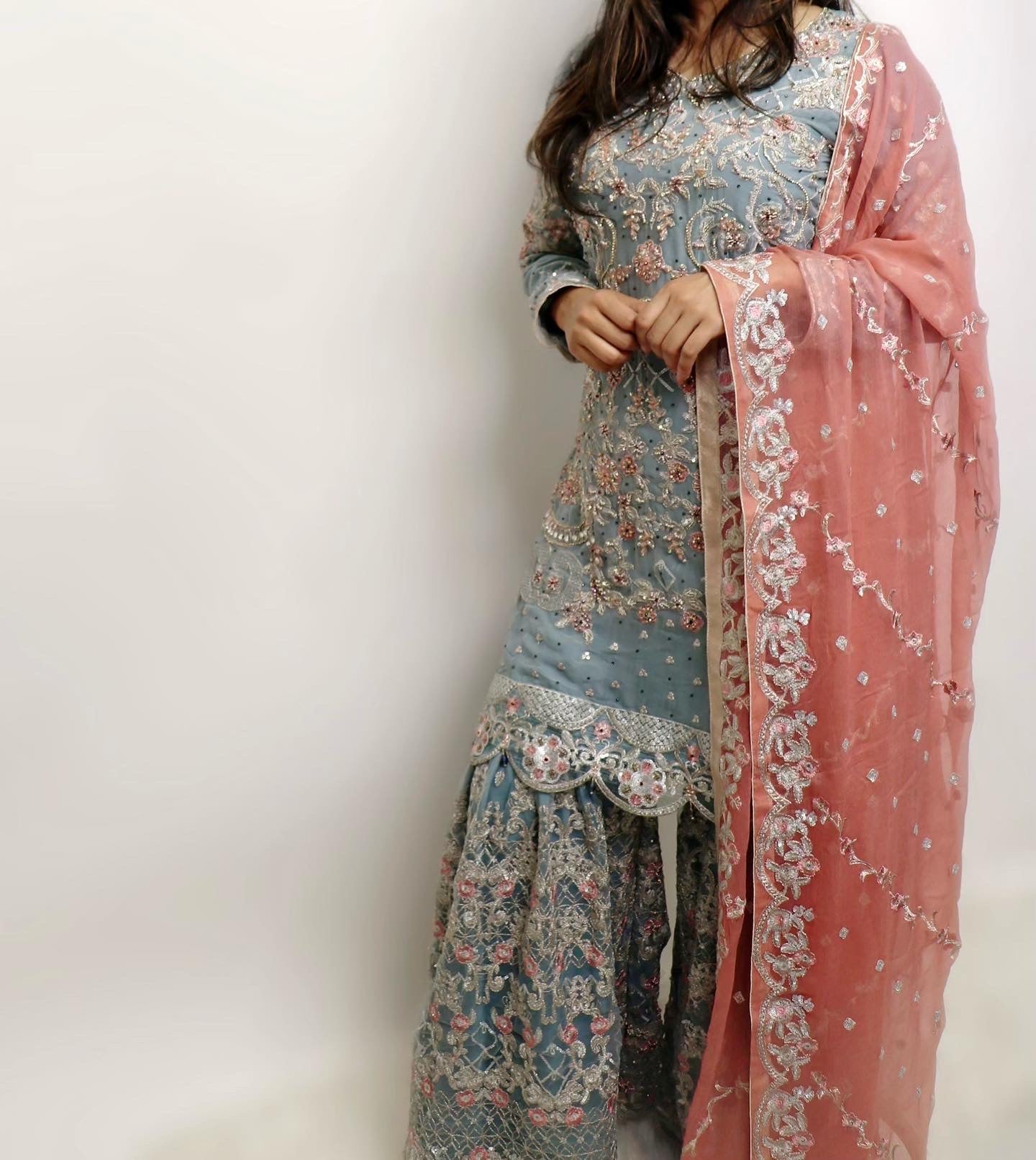 Blue & peach heavy gharara suit