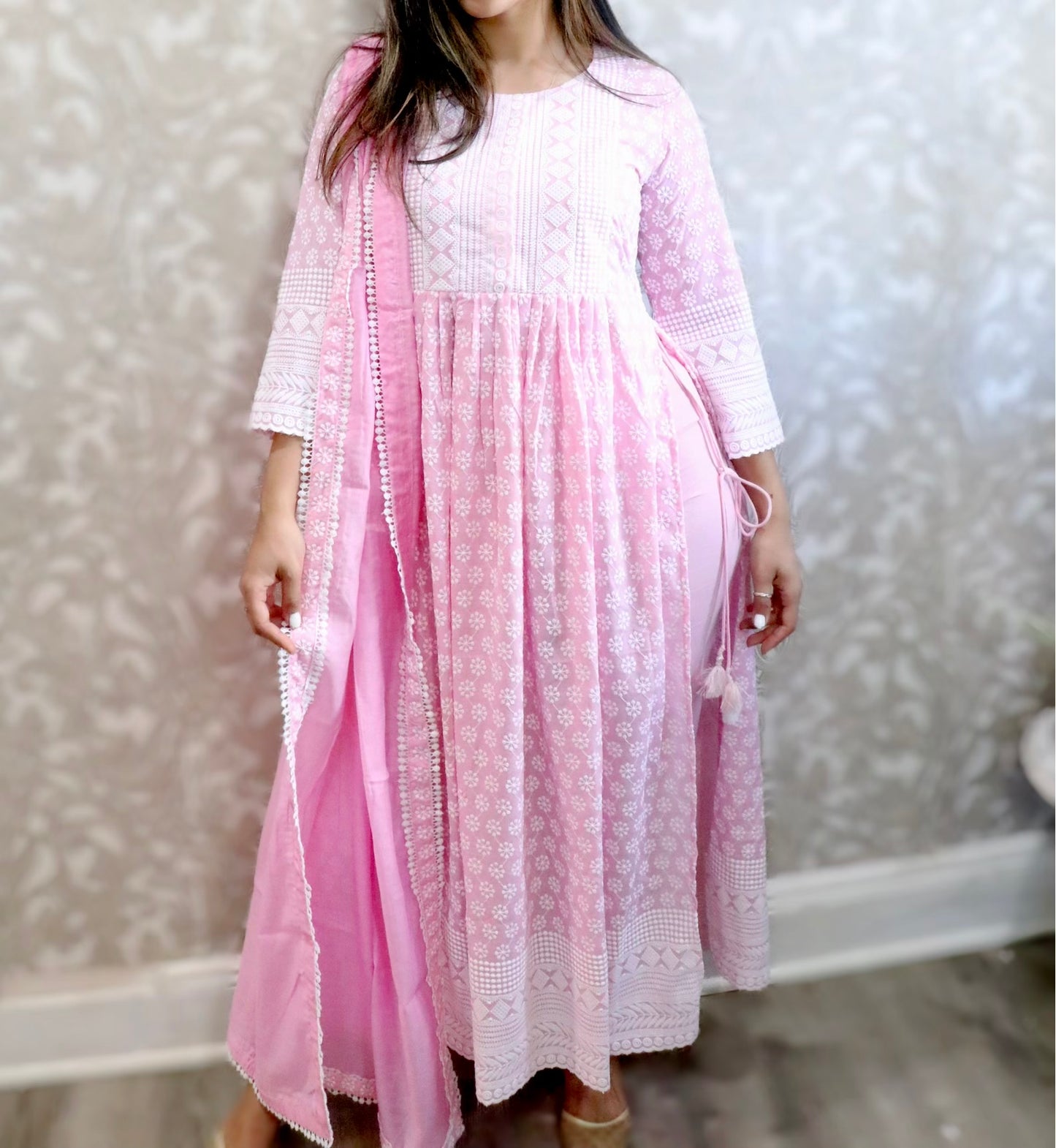 Heavy pink chikankari three piece set