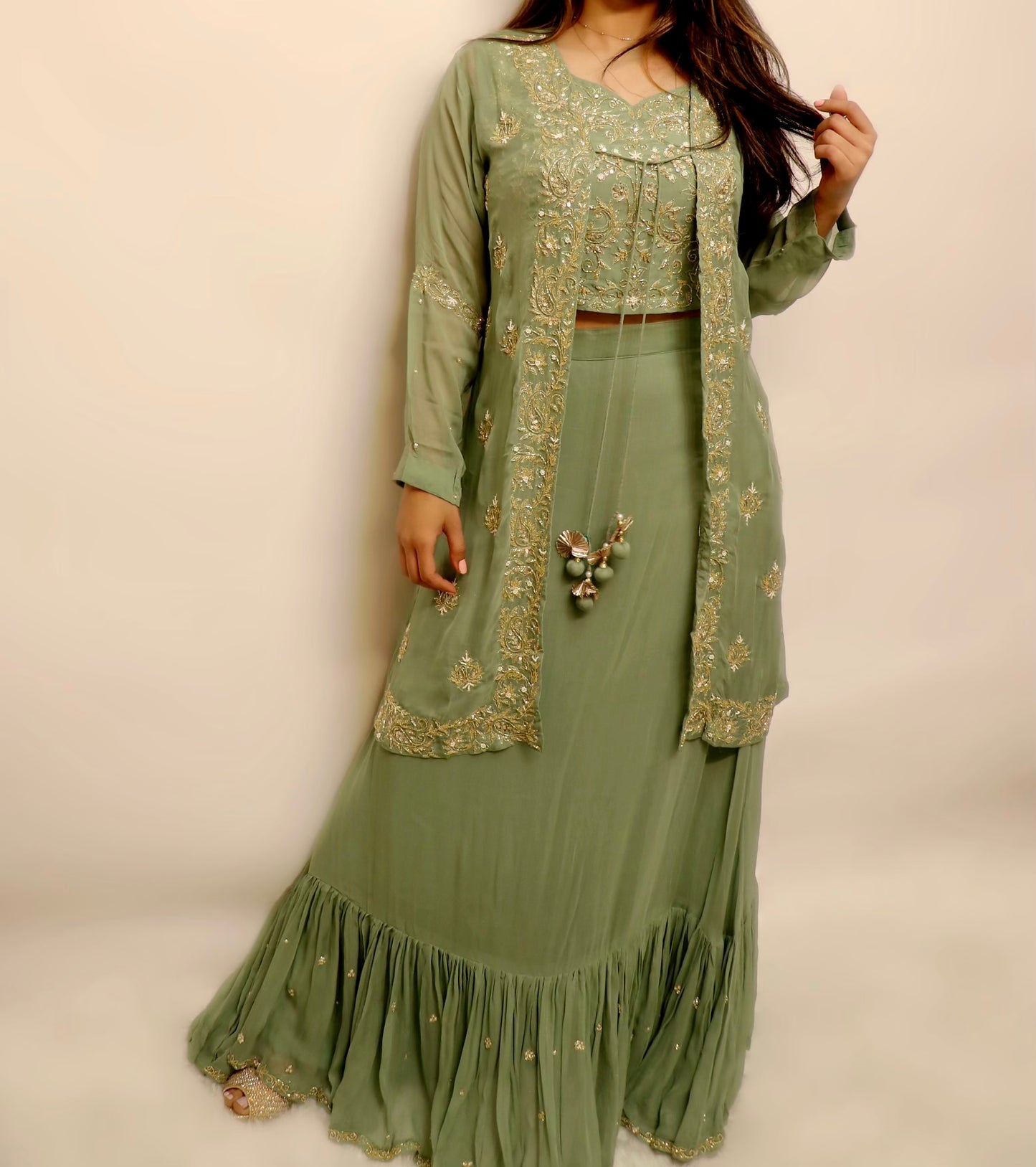 Olive green coat style designer lehenga