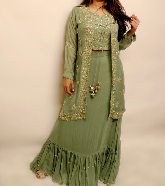Olive green coat style designer lehenga