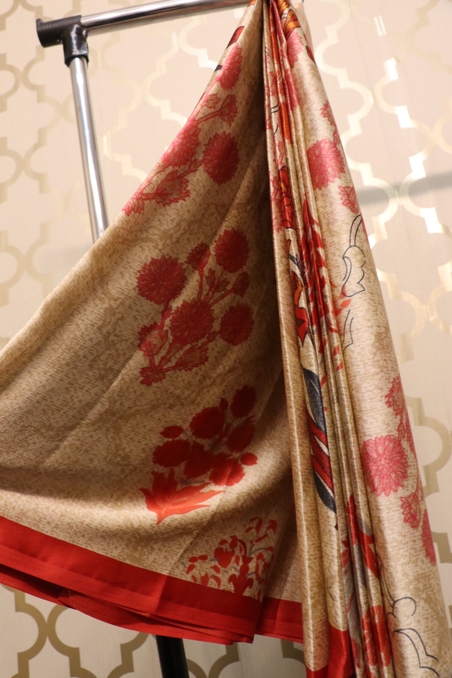 Satin silk print saree red florals