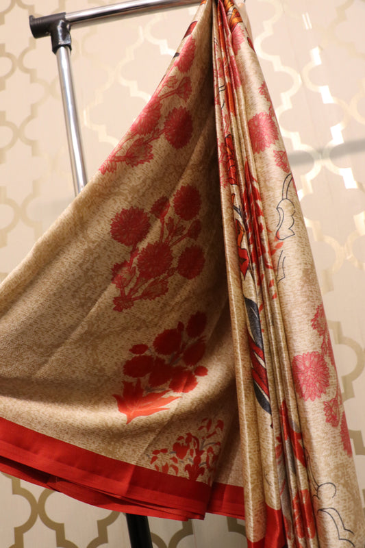 Satin silk print saree red florals