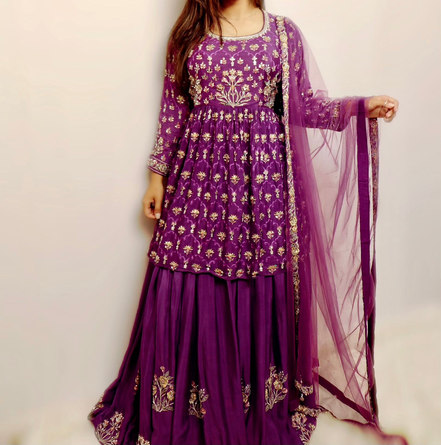 Purple and silver mirror work lehenga