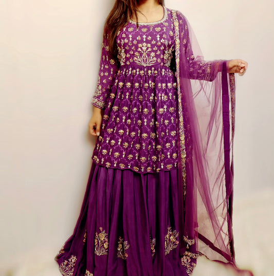 Purple and silver mirror work lehenga