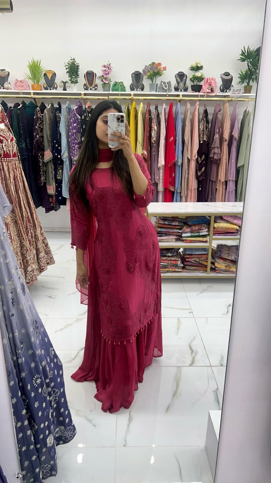 Deep mauve hand work silk suit