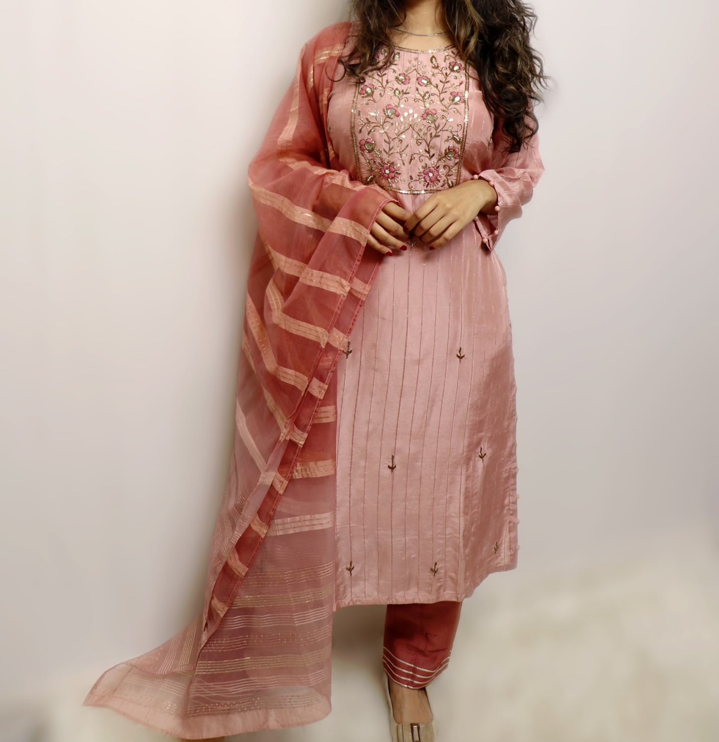 Muslin nude pink three piece with organza duppata