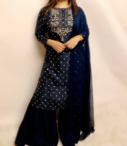 Dark blue banarasi sharara suit