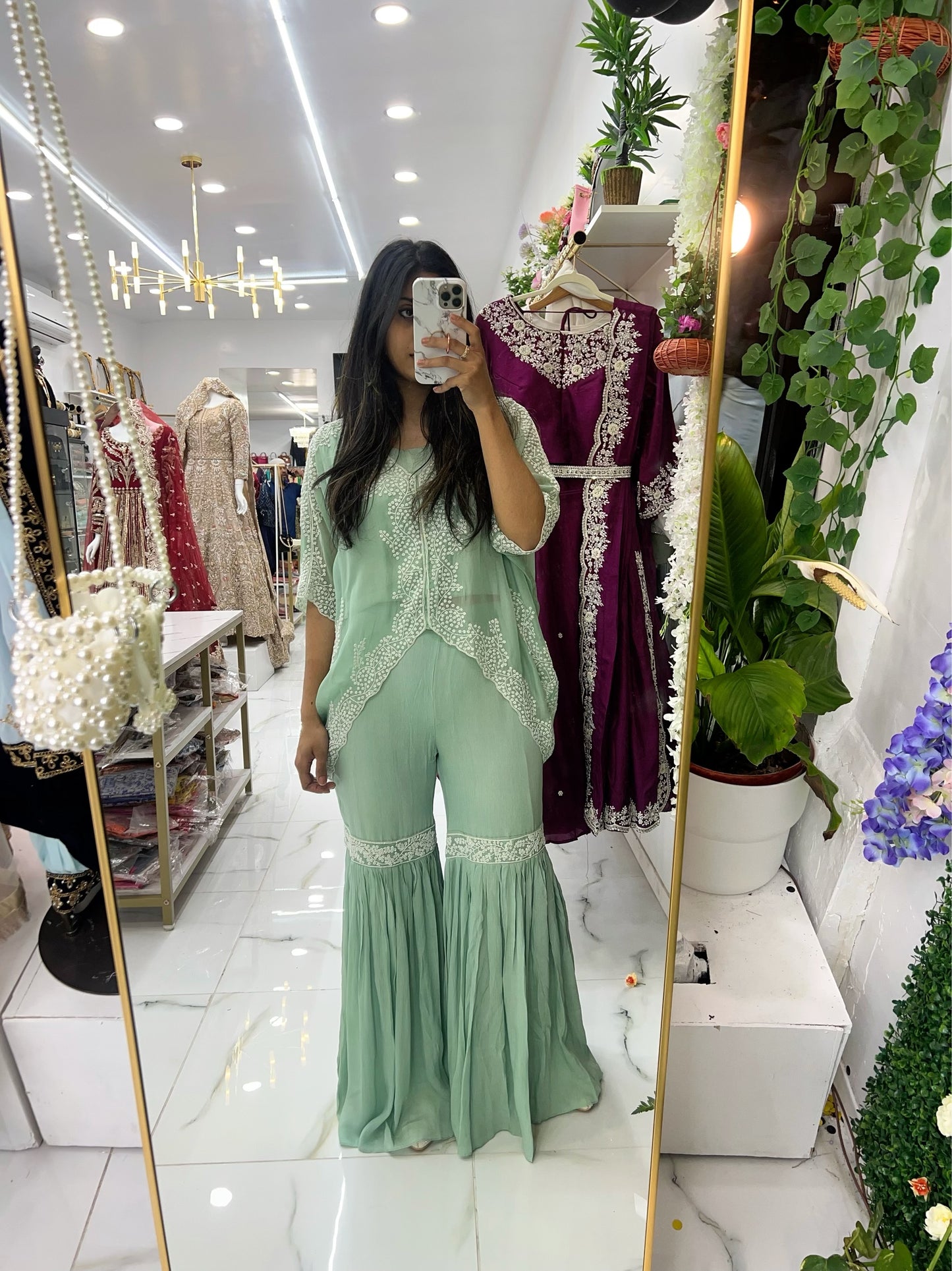 Mint organza cape gharara suit
