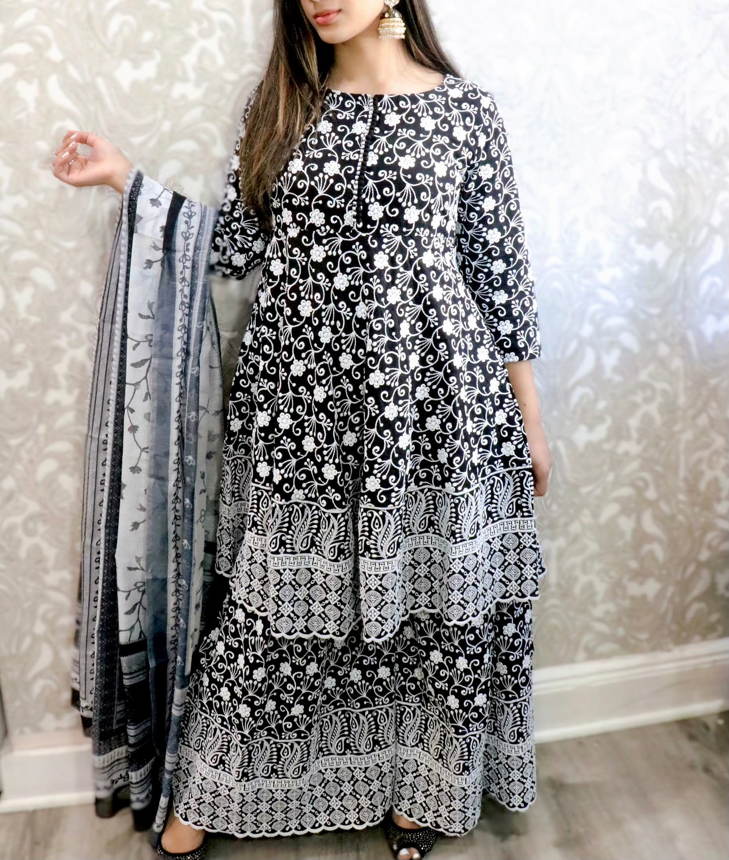 Black and white chikankari detailed sharara suit