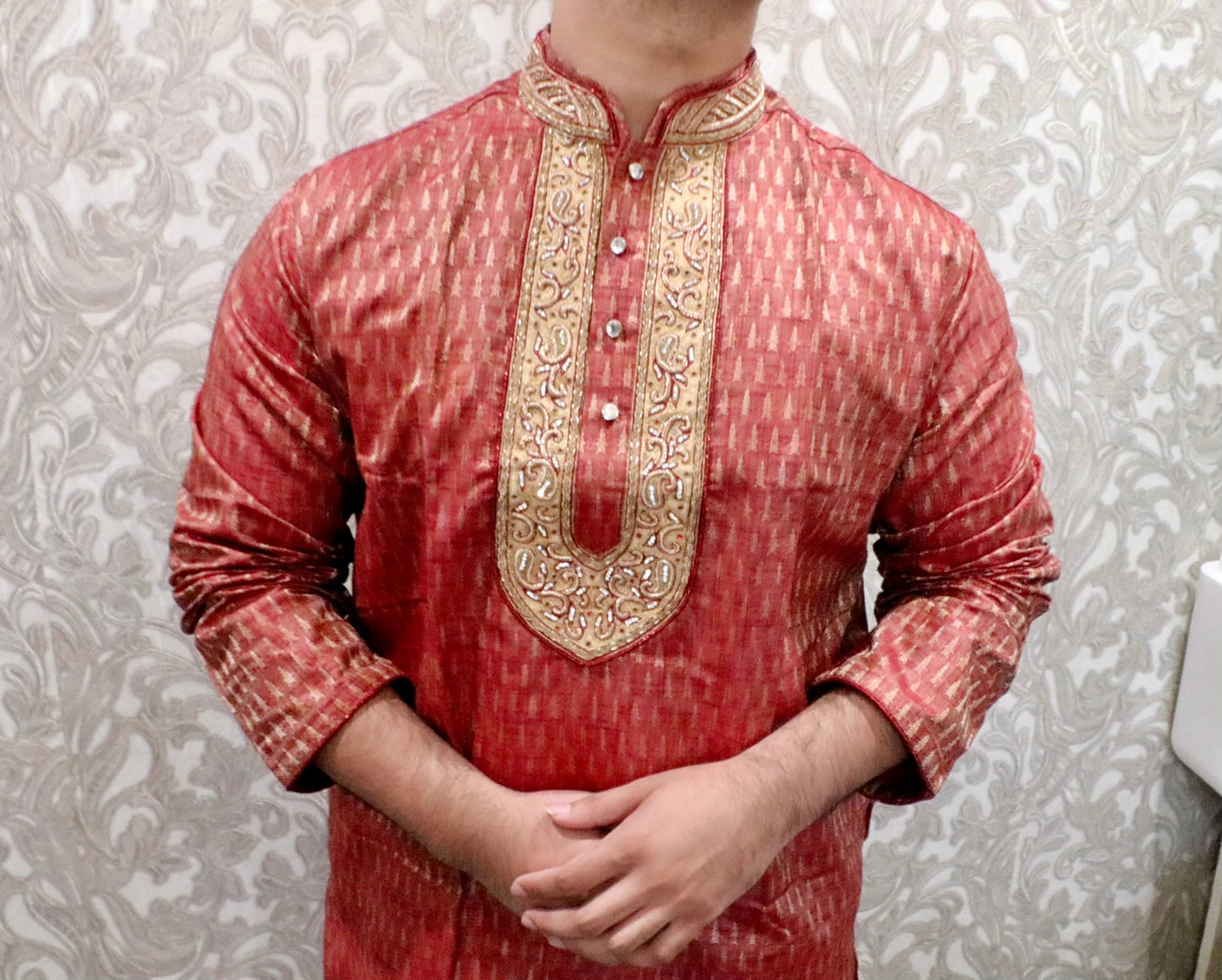 Fancy light red banarasi kurta - Selina Habibti Attire