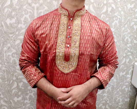 Fancy light red banarasi kurta - Selina Habibti Attire